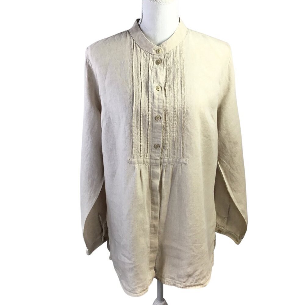 L.L. Bean 100% Linen Top Peasant Long Sleeve Natural Beige Pin Tuck 267664 Tunic